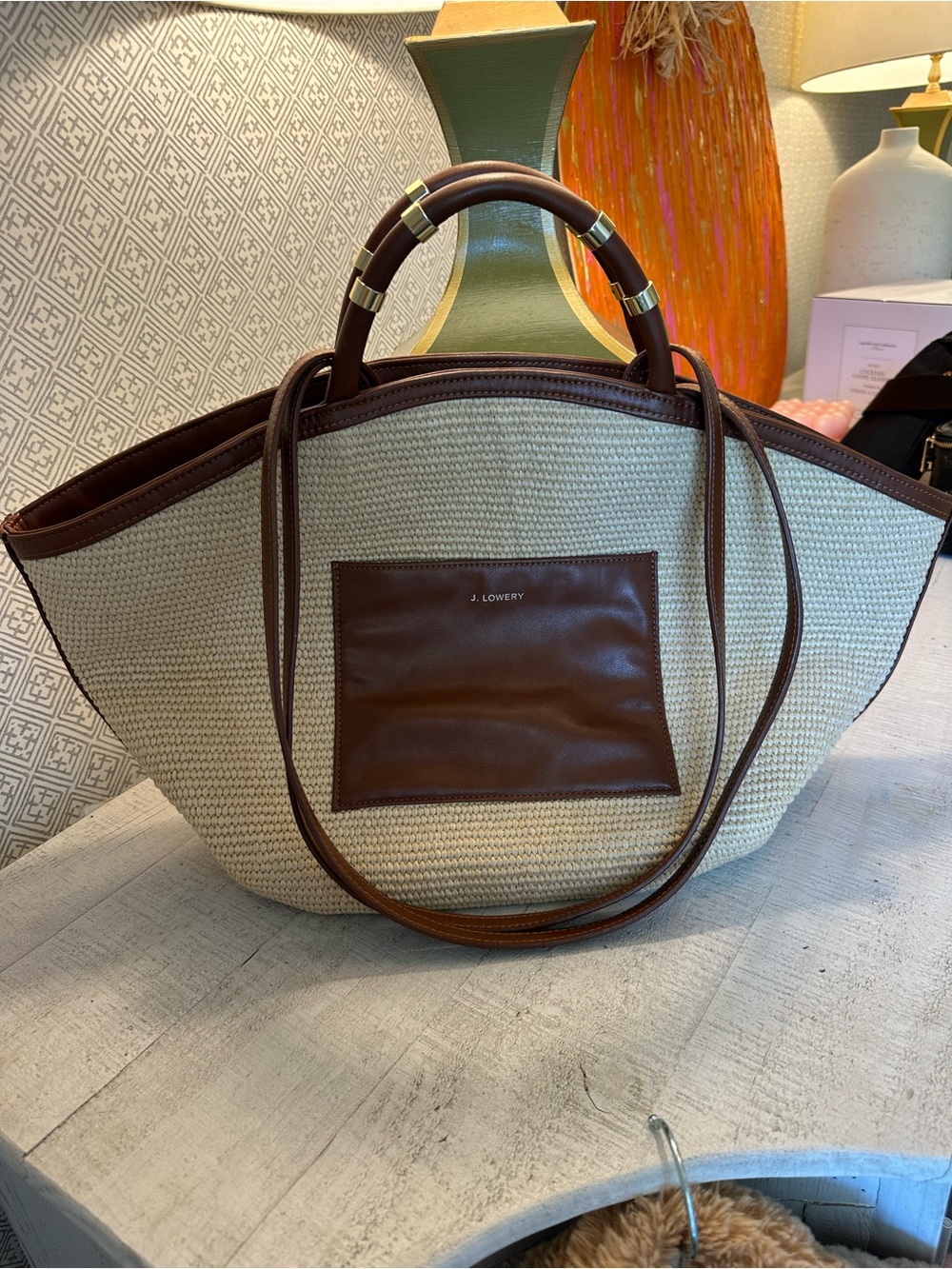 Cream & Brown Woven Tote with Leather Trim